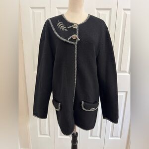 Geiger collective Sz42 100% pure wool button front black jacket with trim